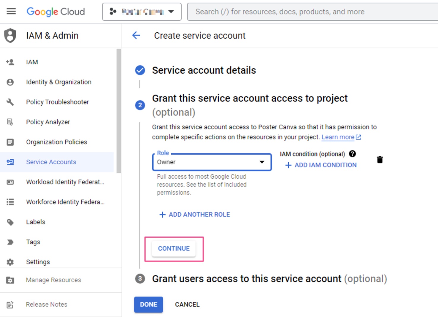 Instruction for finalizing the creation of the Google service account key