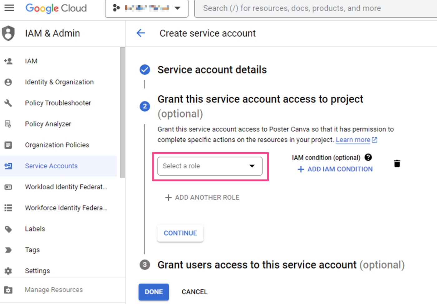 Instruction for granting the proper access for Google service account