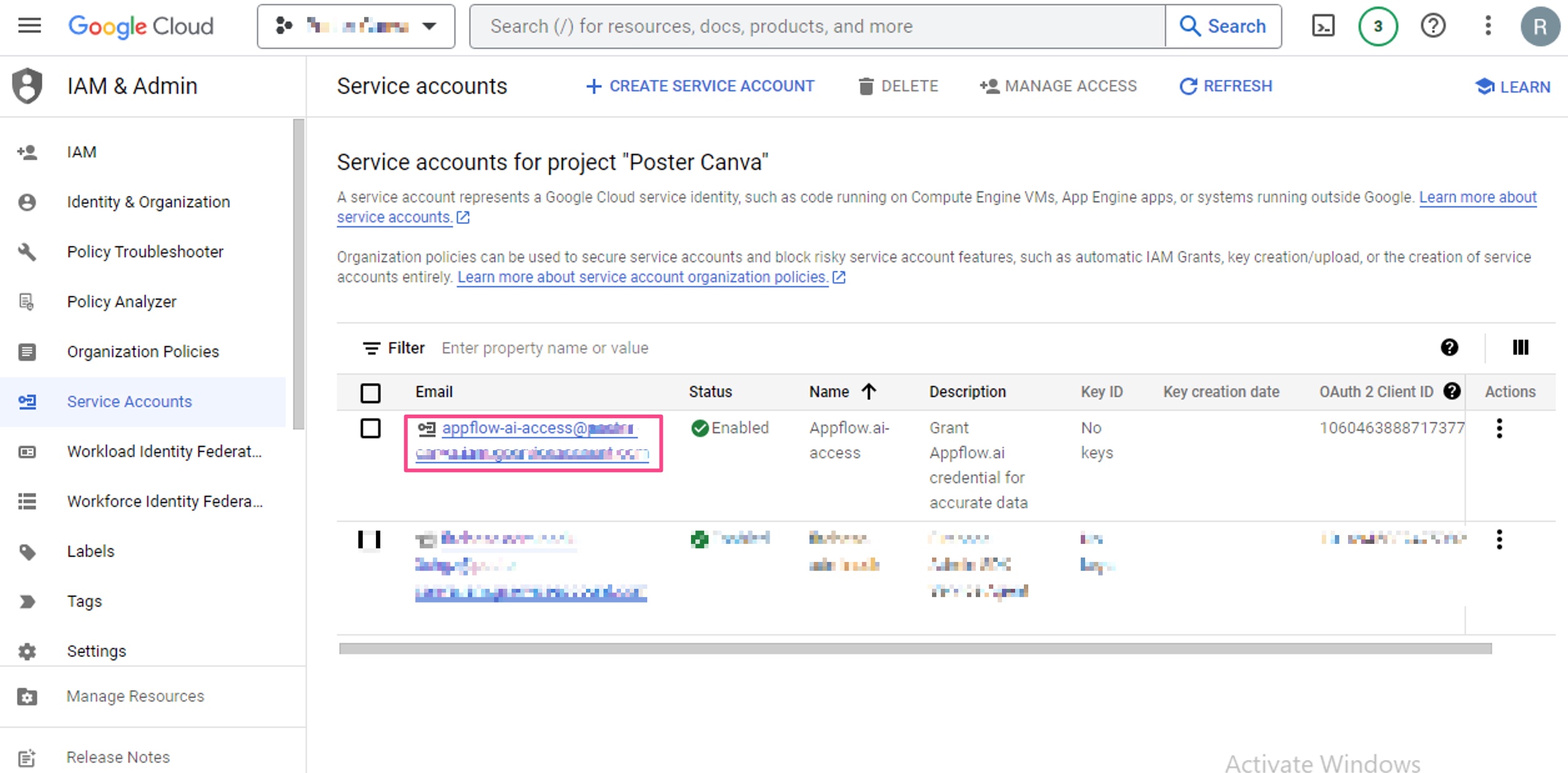 Screenshot that shows a new service account is created