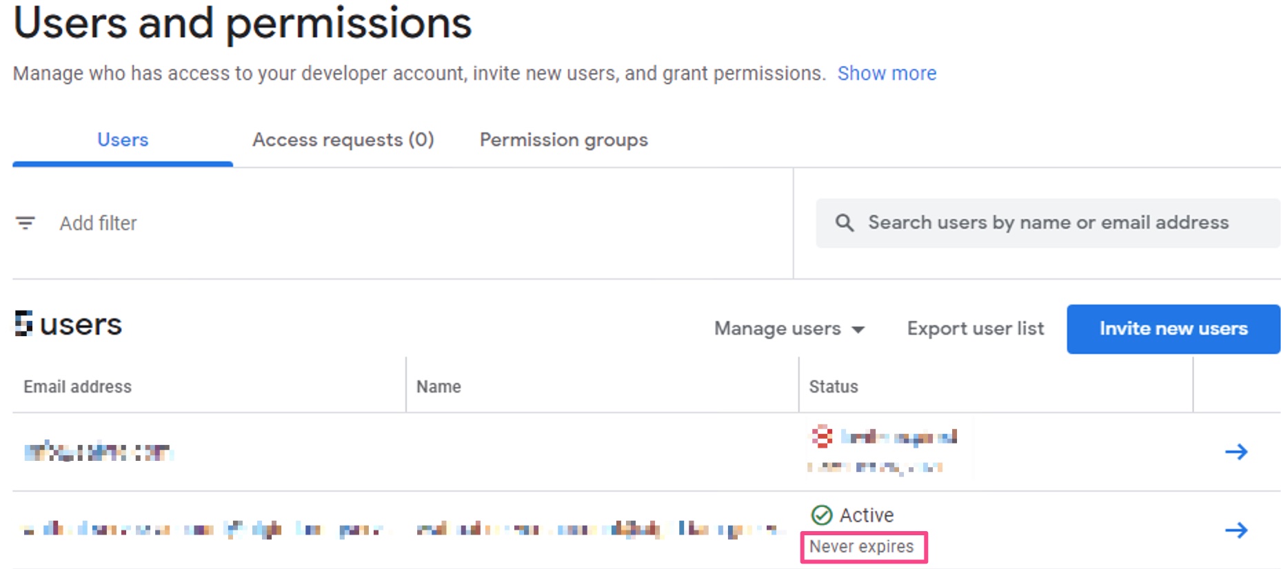 The status of the invited service account shows “Never expires“
