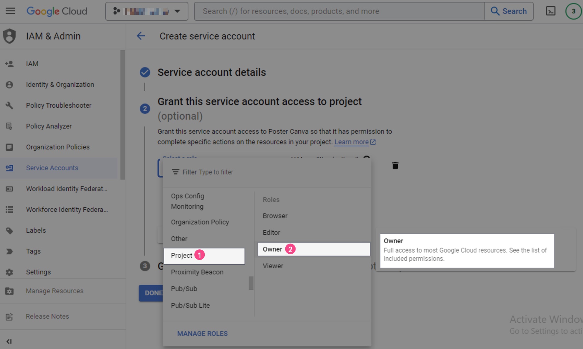 Instruction for grant owner access for Google service account key